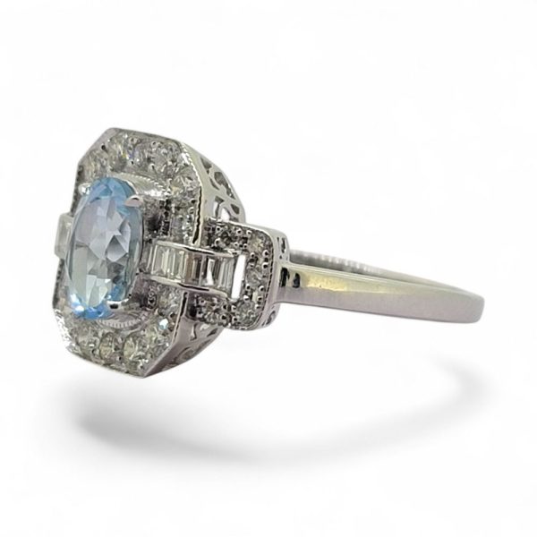 Aquamarine and Diamond Cluster Dress Ring with Buckle Shoulders
