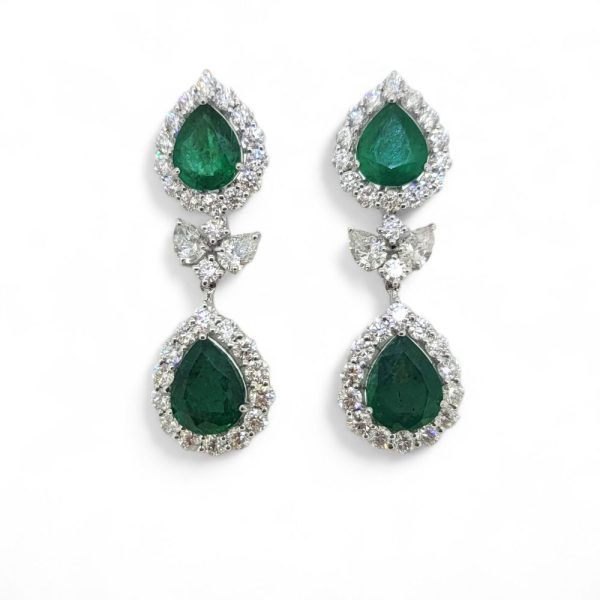 9.24ct Pear Cut Emerald and Diamond Double Cluster Drop Earrings, pear cut emerald and diamond cluster tops suspend pear cut emerald and diamond cluster drop pendants via diamond leaf links in 18ct white gold