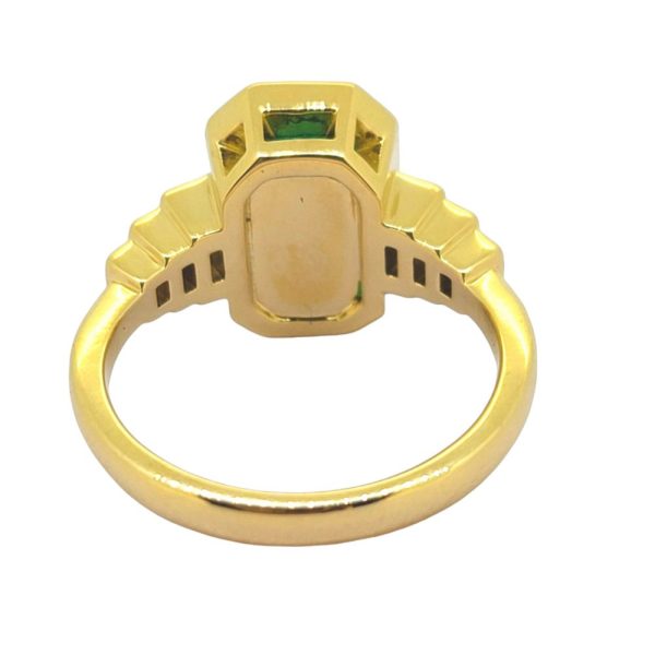 3ct Colombian Emerald and Diamond Ring in Yellow Gold, 3.13ct emerald-cut Colombian with princess-cut diamond stepped shoulders in 18ct yellow gold