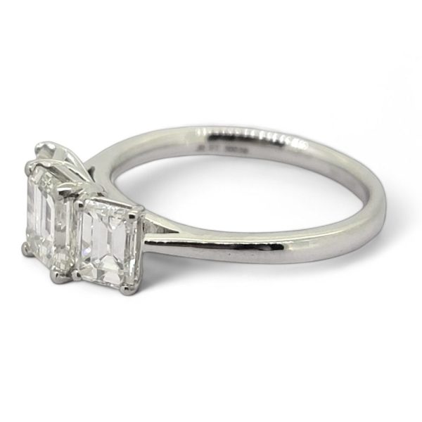 Emerald Cut Three Stone Diamond Engagement Ring in Platinum, 2.34 carats, 1.14ct G VS2 emerald-cut diamond flanked by 0.60cts diamonds