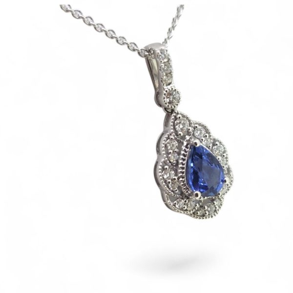 Pear Cut Sapphire and Diamond Cluster Pendant with Chain, teardrop sapphire surrounded by diamonds with diamond set bail