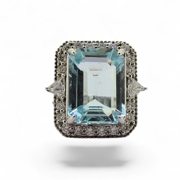7.40ct Emerald Cut Aquamarine and Diamond Cluster Dress Ring in 18ct White Gold