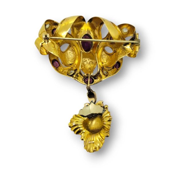 Antique Almandine Garnet and Chrysoberyl Pendant Brooch in Yellow Gold