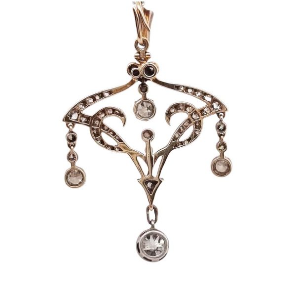 Antique Art Nouveau 1.50ct Old Cut Diamond Pendant, iconic fluid design set with 1.50 carats of old-cut diamonds with articulated drops in silver to 18ct gold
