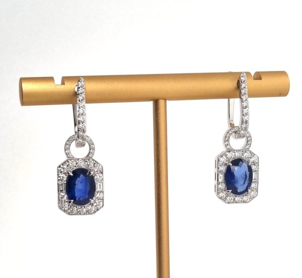Contemporary 3.4ct Sapphire and Diamond Cluster Drop Earrings in 18ct White Gold, sapphire pendants can be removed to wear diamond horseshoe hoops