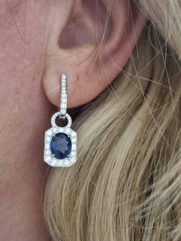 Contemporary 3.4ct Sapphire and Diamond Cluster Drop Earrings in 18ct White Gold, sapphire pendants can be removed to wear diamond horseshoe hoops