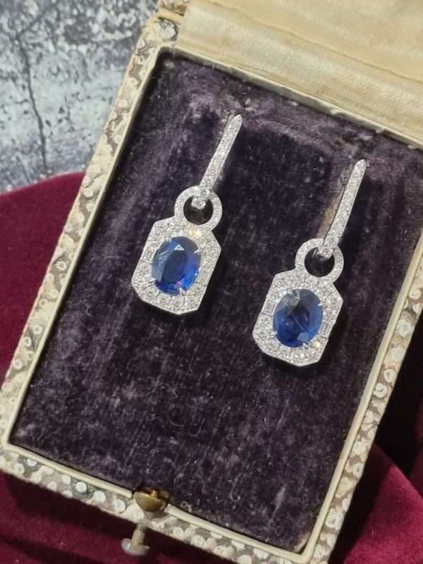Contemporary 3.4ct Sapphire and Diamond Cluster Drop Earrings in 18ct White Gold, sapphire pendants can be removed to wear diamond horseshoe hoops