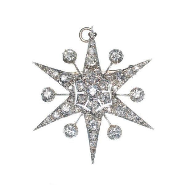 Antique Style Vintage 3ct Old Cut Diamond Star Pendant come Brooch, Set with 3 carats old-cut diamonds in a six-pointed star design with eight-cut and rose-cut diamonds in silver-upon-gold, Circa 1930