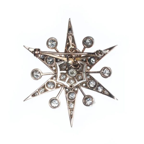 Antique Style Vintage 3ct Old Cut Diamond Star Pendant come Brooch, Set with 3 carats old-cut diamonds in a six-pointed star design with eight-cut and rose-cut diamonds in silver-upon-gold, Circa 1930