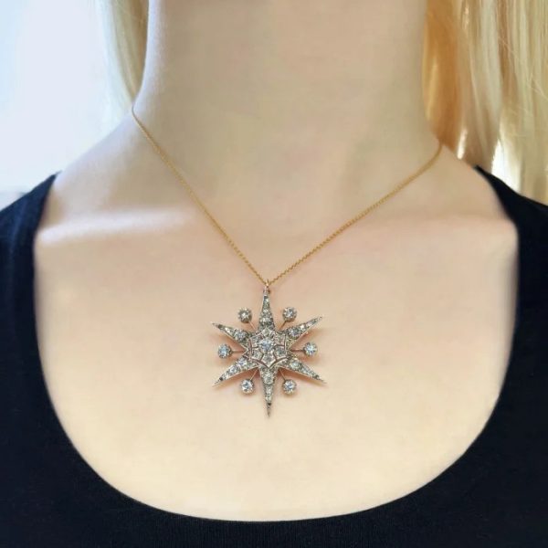 Antique Style Vintage 3ct Old Cut Diamond Star Pendant come Brooch, Set with 3 carats old-cut diamonds in a six-pointed star design with eight-cut and rose-cut diamonds in silver-upon-gold, Circa 1930