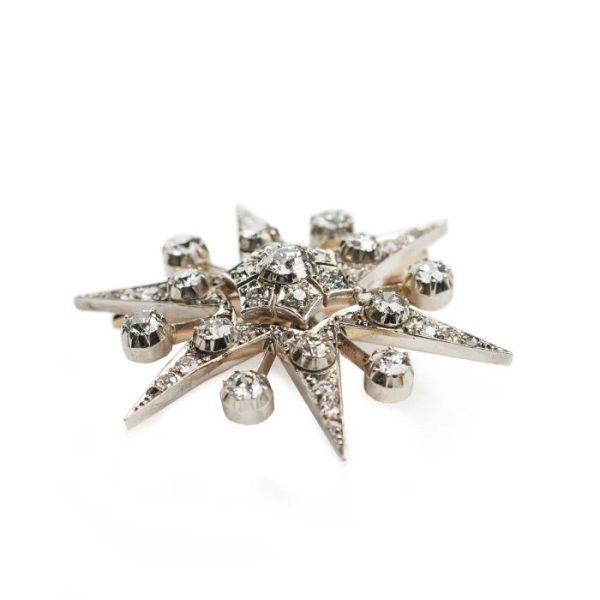Antique Style Vintage 3ct Old Cut Diamond Star Pendant come Brooch, Set with 3 carats old-cut diamonds in a six-pointed star design with eight-cut and rose-cut diamonds in silver-upon-gold, Circa 1930