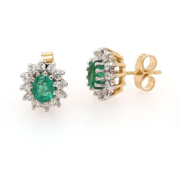 0.60ct Oval Emerald and Diamond Cluster Stud Earrings, 0.60cts oval-cut emeralds surrounded by 0.35cts sparkling round brilliant-cut diamonds in 18ct gold