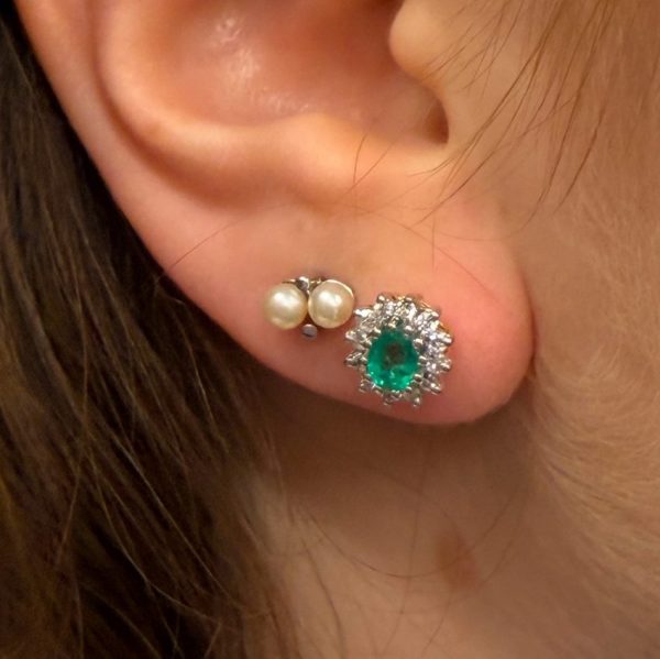 0.60ct Oval Emerald and Diamond Cluster Stud Earrings