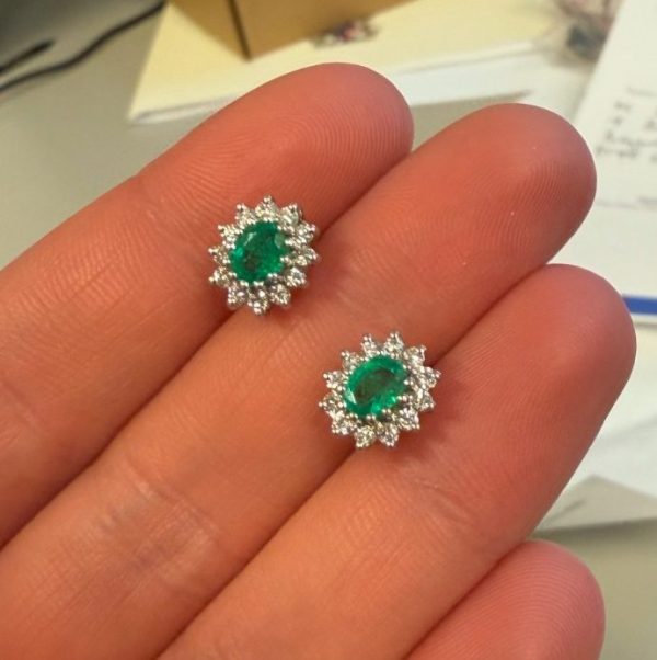 0.60ct Oval Emerald and Diamond Cluster Stud Earrings