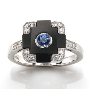 Art Deco style onyx, sapphire and diamond ring in 18ct white gold