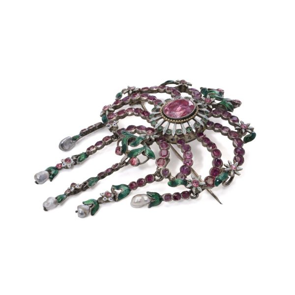 Antique pink topaz enamel brooch.