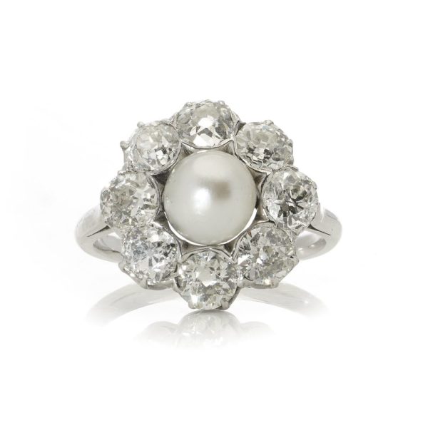 Antique Art Deco Certified Natural Saltwater Pearl and 3.20ct Old Cut Diamond Cluster Engagement Ring in Platinum with GCS Certificate