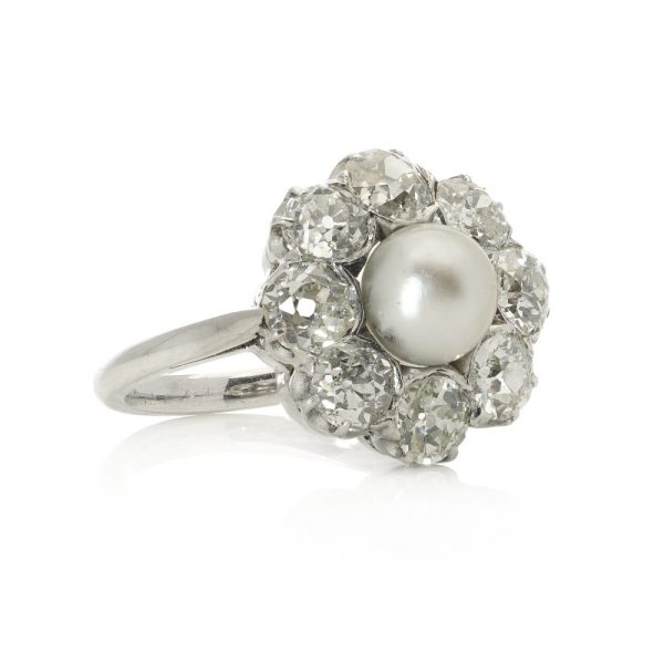 Antique Art Deco Certified Natural Saltwater Pearl and 3.20ct Old Cut Diamond Cluster Engagement Ring in Platinum with GCS Certificate
