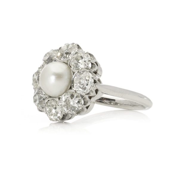 Antique Art Deco Certified Natural Saltwater Pearl and 3.20ct Old Cut Diamond Cluster Engagement Ring in Platinum with GCS Certificate
