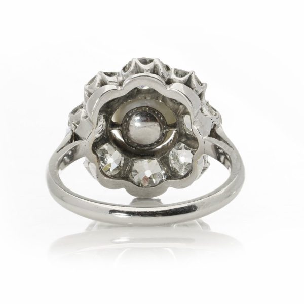 Antique Art Deco Certified Natural Saltwater Pearl and 3.20ct Old Cut Diamond Cluster Engagement Ring in Platinum with GCS Certificate