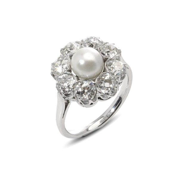 Antique Art Deco Certified Natural Saltwater Pearl and 3.20ct Old Cut Diamond Cluster Engagement Ring in Platinum with GCS Certificate