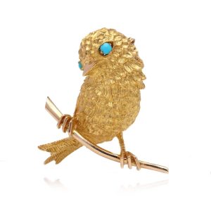 Vintage 22 Carat Yellow Gold Textured Bird Brooch With Turquoise Eyes