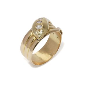 Antique 18 Carat Gold Coiled Snake Ring With Old-Cut Diamonds
