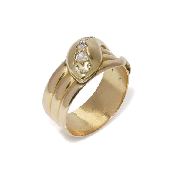 Antique gold snake ring with old cut diamonds.