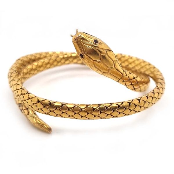 Antique French 18ct Yellow Gold Coiled Snake Bracelet, stunning 19th century French 18ct yellow gold sprung snake bracelet detailed face with ruby eyes and forked tongue