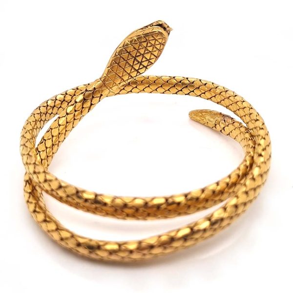Antique French 18ct Yellow Gold Coiled Snake Bracelet with scale body details face ruby eyes forked tongue 19th century