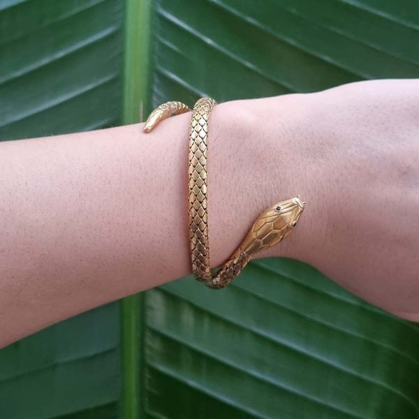 Antique French 18ct Yellow Gold Coiled Snake Bracelet with scale body details face ruby eyes forked tongue 19th century