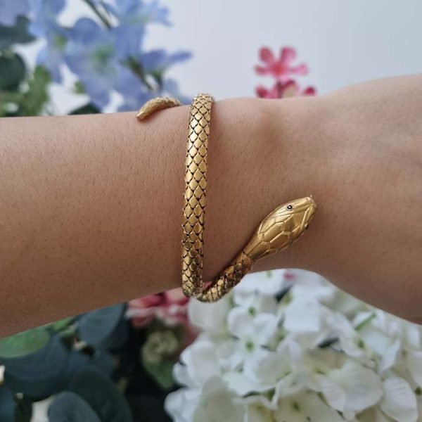 Antique French 18ct Yellow Gold Coiled Snake Bracelet with scale body details face ruby eyes forked tongue 19th century