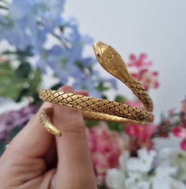 Antique French 18ct Yellow Gold Coiled Snake Bracelet with scale body details face ruby eyes forked tongue 19th century