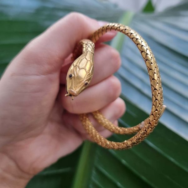 Antique French 18ct Yellow Gold Coiled Snake Bracelet with scale body details face ruby eyes forked tongue 19th century