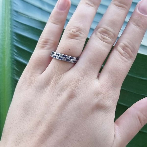 Art Deco Sapphire and Diamond Two Row Chequerboard 18ct White Gold Full Eternity Band Ring, alternating baguette-cut sapphires and diamonds, Circa 1930