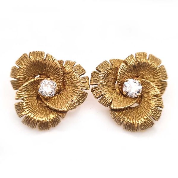 Vintage 1.20ct Diamond Gold Trefoil Flower Clip Earrings, 1.20 carats old European transitional cut diamonds within textured 18ct yellow gold trefoil concentric design and softening stylised petals. Circa 1960s