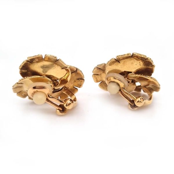 Vintage 1.20ct Diamond Gold Trefoil Flower Clip Earrings, 1.20 carats old European transitional cut diamonds within textured 18ct yellow gold trefoil concentric design and softening stylised petals. Circa 1960s
