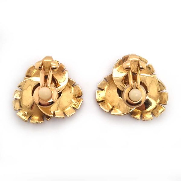 Vintage 1.20ct Diamond Gold Trefoil Flower Clip Earrings, 1.20 carats old European transitional cut diamonds within textured 18ct yellow gold trefoil concentric design and softening stylised petals. Circa 1960s