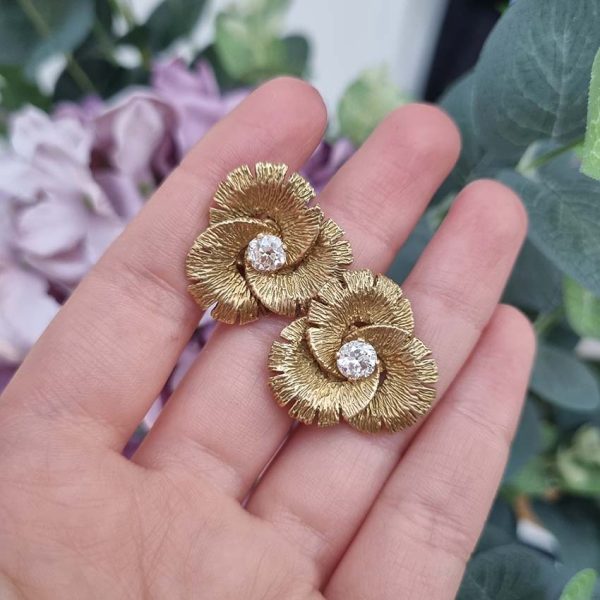 Vintage 1.20ct Diamond Gold Trefoil Flower Clip Earrings, 1.20 carats old European transitional cut diamonds within textured 18ct yellow gold trefoil concentric design and softening stylised petals. Circa 1960s