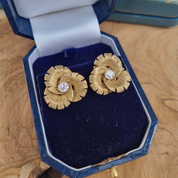 Vintage 1.20ct Diamond Gold Trefoil Flower Clip Earrings, 1.20 carats old European transitional cut diamonds within textured 18ct yellow gold trefoil concentric design and softening stylised petals. Circa 1960s