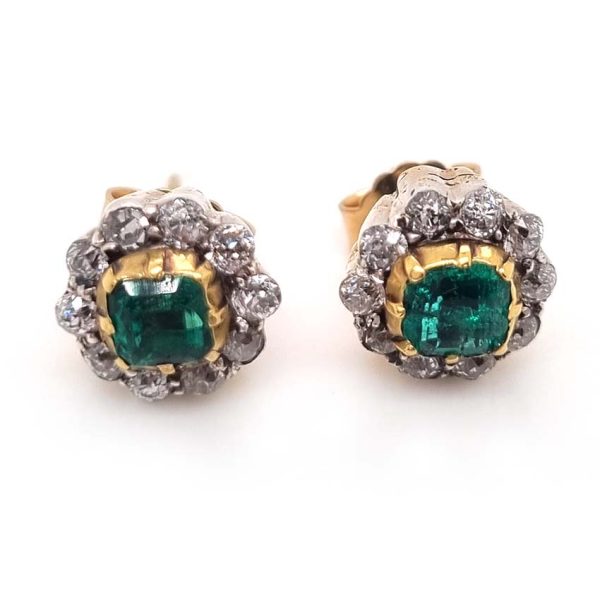 Victorian Antique Colombian Emerald and Old Cut Diamond Cluster Stud Earrings, Colombian emeralds surrounded by 0.60cts old cut diamonds in 18ct yellow gold and platinum. Circa 1890