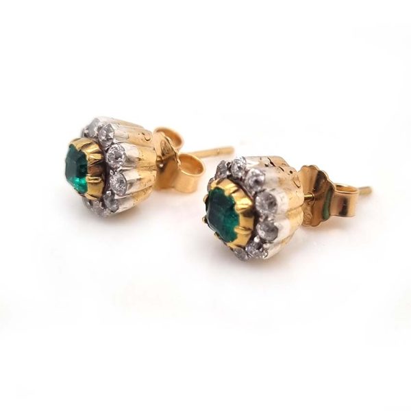 Victorian Antique Colombian Emerald and Old Cut Diamond Cluster Stud Earrings, Colombian emeralds surrounded by 0.60cts old cut diamonds in 18ct yellow gold and platinum. Circa 1890