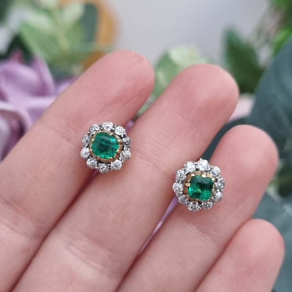 Victorian Antique Colombian Emerald and Old Cut Diamond Cluster Stud Earrings, Colombian emeralds surrounded by 0.60cts old cut diamonds in 18ct yellow gold and platinum. Circa 1890