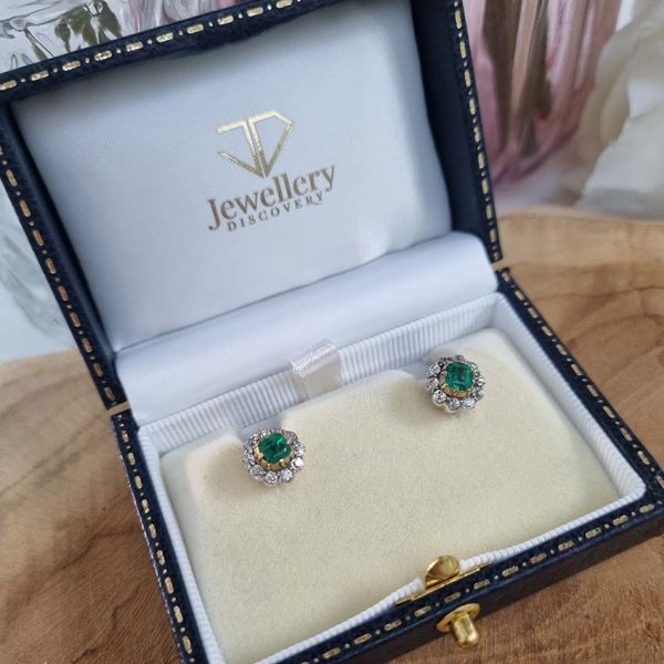 Victorian Antique Colombian Emerald and Old Cut Diamond Cluster Stud Earrings, Colombian emeralds surrounded by 0.60cts old cut diamonds in 18ct yellow gold and platinum. Circa 1890