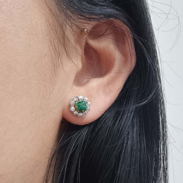 Victorian Antique Colombian Emerald and Old Cut Diamond Cluster Stud Earrings, Colombian emeralds surrounded by 0.60cts old cut diamonds in 18ct yellow gold and platinum. Circa 1890
