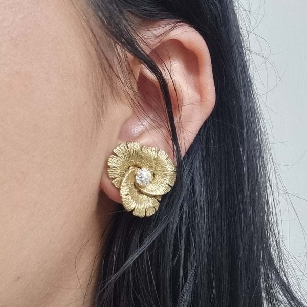 Vintage 1.20ct Diamond Gold Trefoil Flower Clip Earrings, 1.20 carats old European transitional cut diamonds within textured 18ct yellow gold trefoil concentric design and softening stylised petals. Circa 1960s