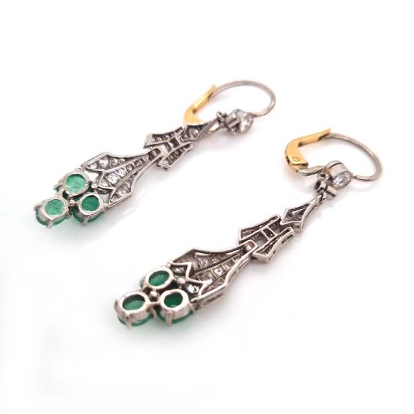 Antique 2.4ct Cabochon Emerald and Diamond Drop Earrings, oval cabochon cut emeralds grape clusters suspended from diamond old-cut diamond set drops in platinum with later 18ct white gold fittings