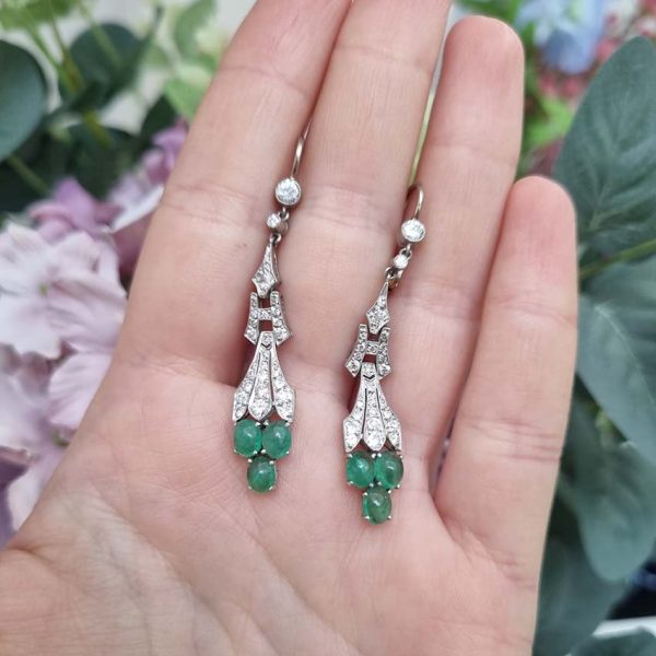 Antique 2.4ct Cabochon Emerald and Diamond Drop Earrings, oval cabochon cut emeralds grape clusters suspended from diamond old-cut diamond set drops in platinum with later 18ct white gold fittings