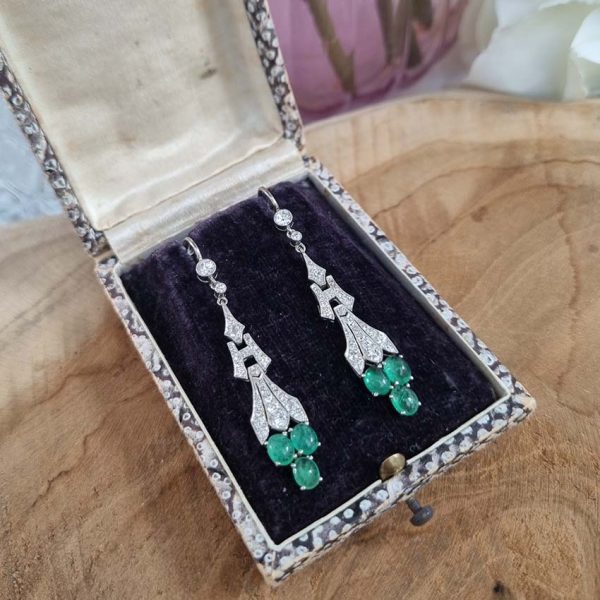 Antique 2.4ct Cabochon Emerald and Diamond Drop Earrings, oval cabochon cut emeralds grape clusters suspended from diamond old-cut diamond set drops in platinum with later 18ct white gold fittings