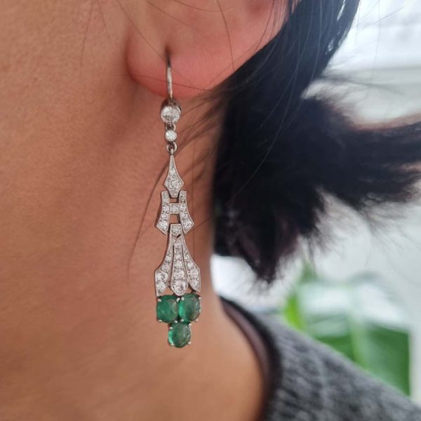 Antique 2.4ct Cabochon Emerald and Diamond Drop Earrings, oval cabochon cut emeralds grape clusters suspended from diamond old-cut diamond set drops in platinum with later 18ct white gold fittings